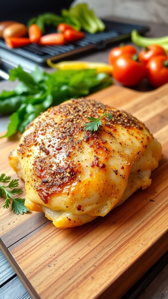 Seasoned chicken breast on a cutting board with herbs, showcasing a golden brown crust.
